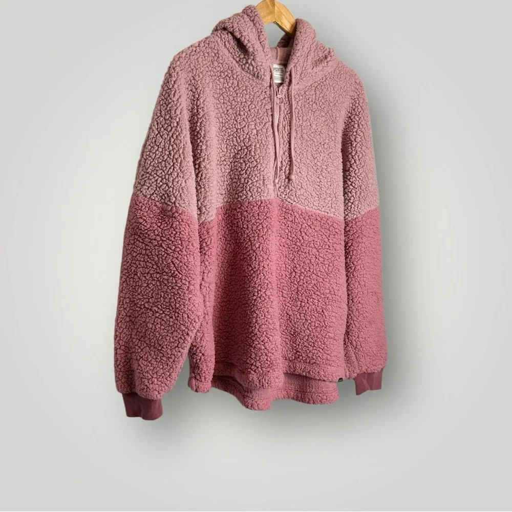 PINK Victoria’s Secret Varsity Sherpa Hoodie Size Large 1/4 Zip Pullover Pockets - Picture 5 of 10